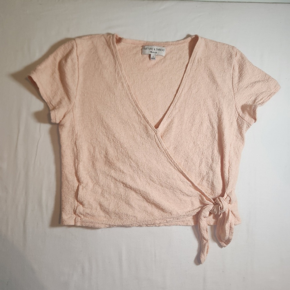 Madewell Texture & Thread Wrap Top Peach Pink Short Sleeve Cotton Blouse Small